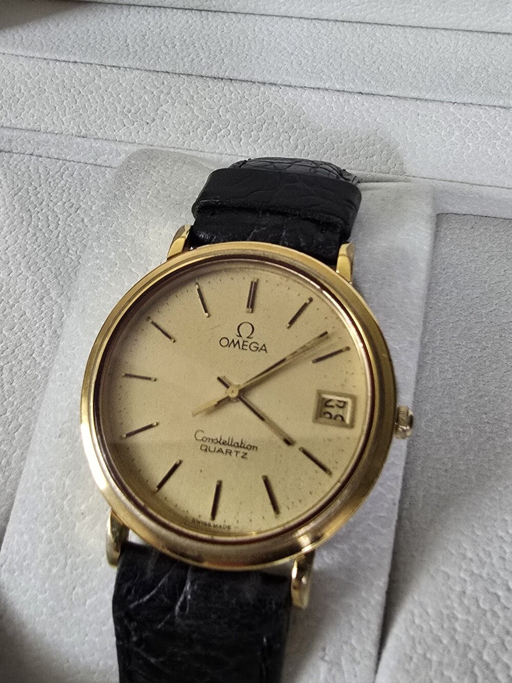 Omega Gold Dial Dress Watch with Black Leather Strap